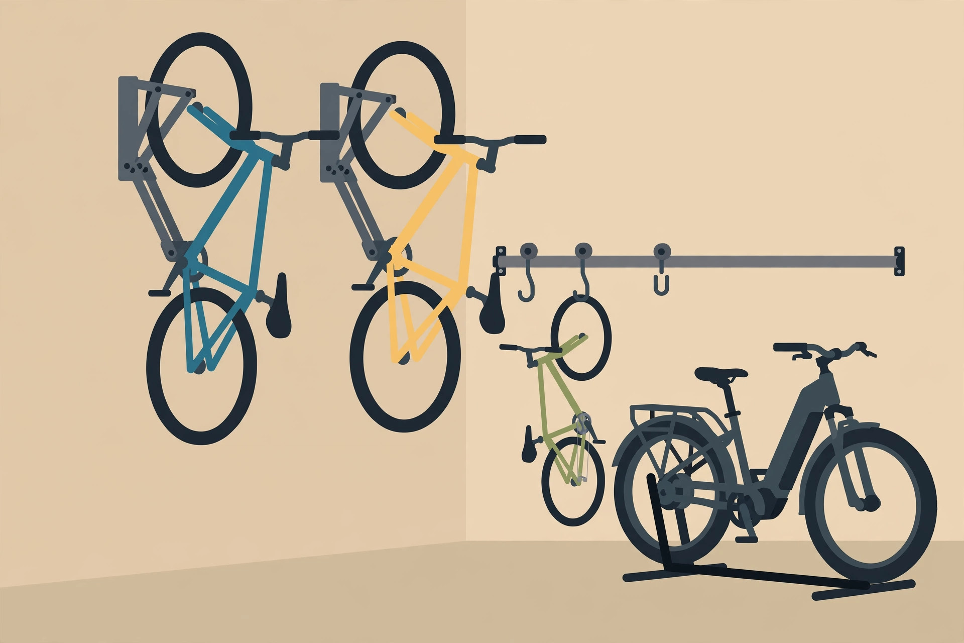 Flat illustration of two bikes on wall racks, a small bike on hooks, and a heavy bike in a floor stand