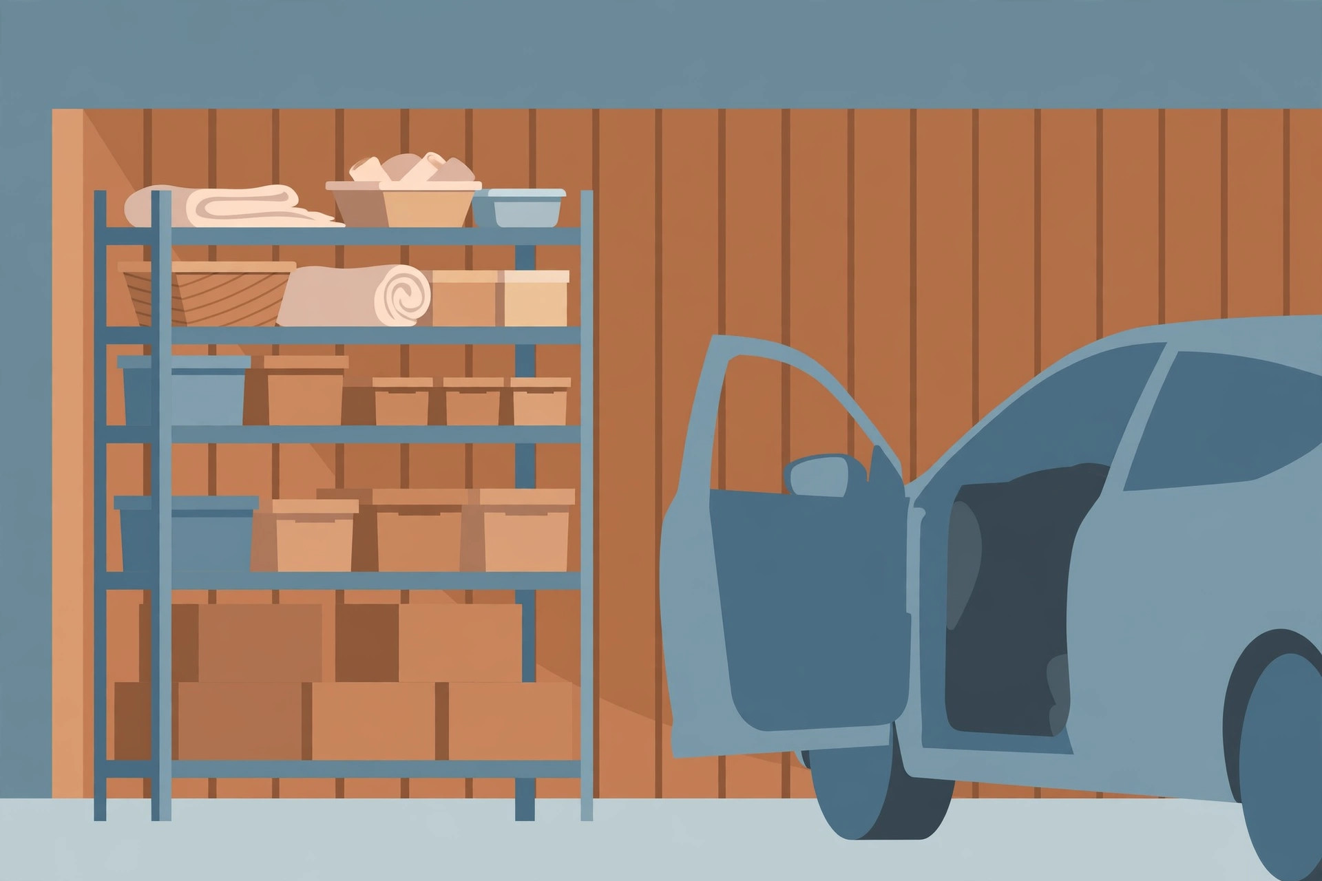 Flat illustration of a tall garage shelving unit with boxes low and light items high, beside an open car door