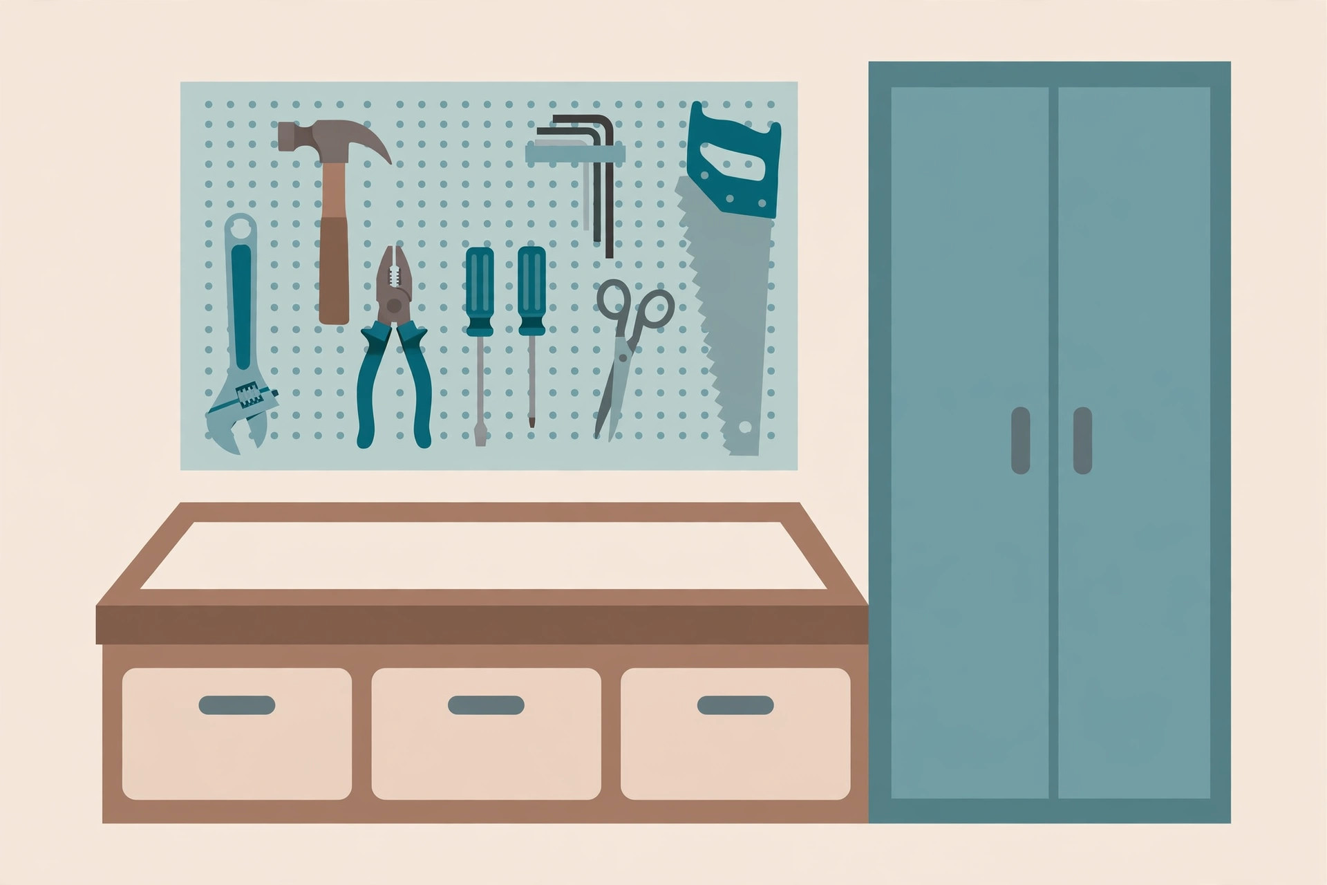 Flat illustration of a workbench with drawers, a pegboard of hand tools, and a tall closed cabinet