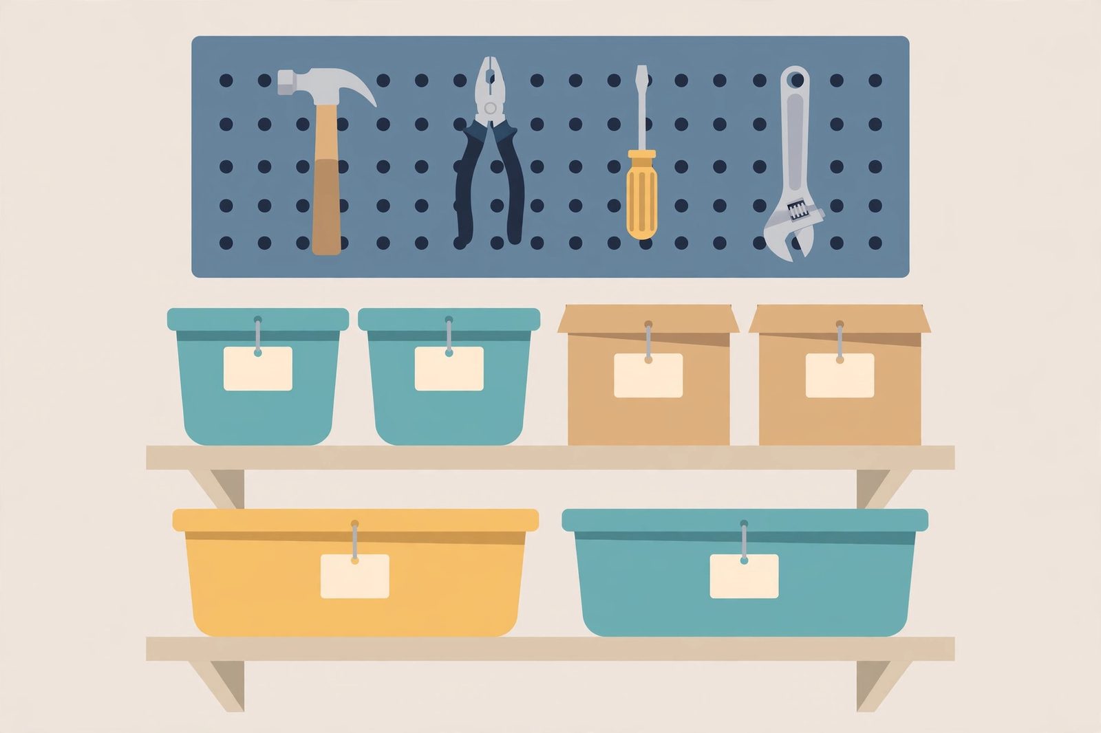 Flat illustration of labeled storage bins on garage shelves under a pegboard of hand tools