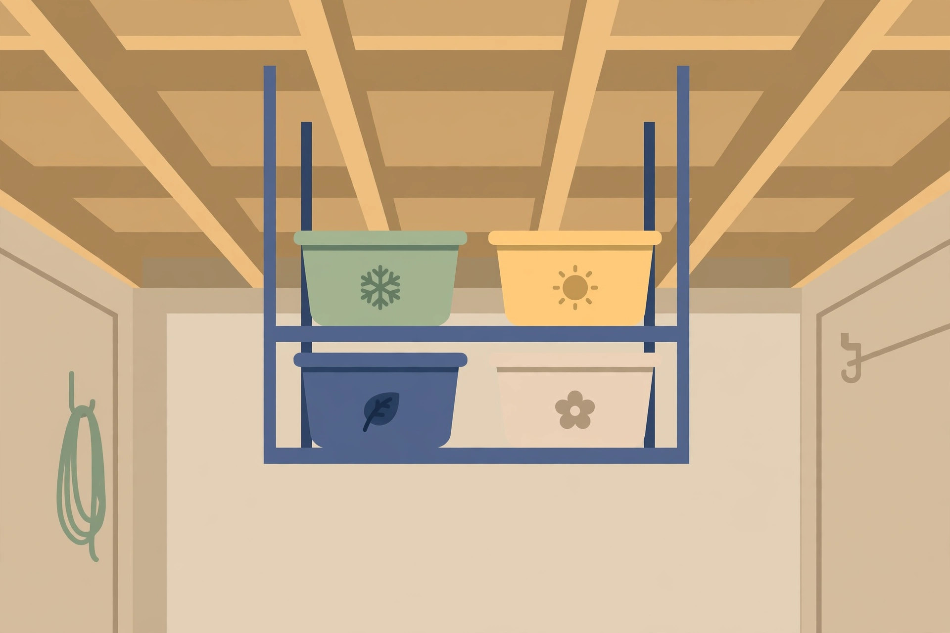 Flat illustration of a ceiling-mounted garage rack holding four seasonal bins under exposed joists