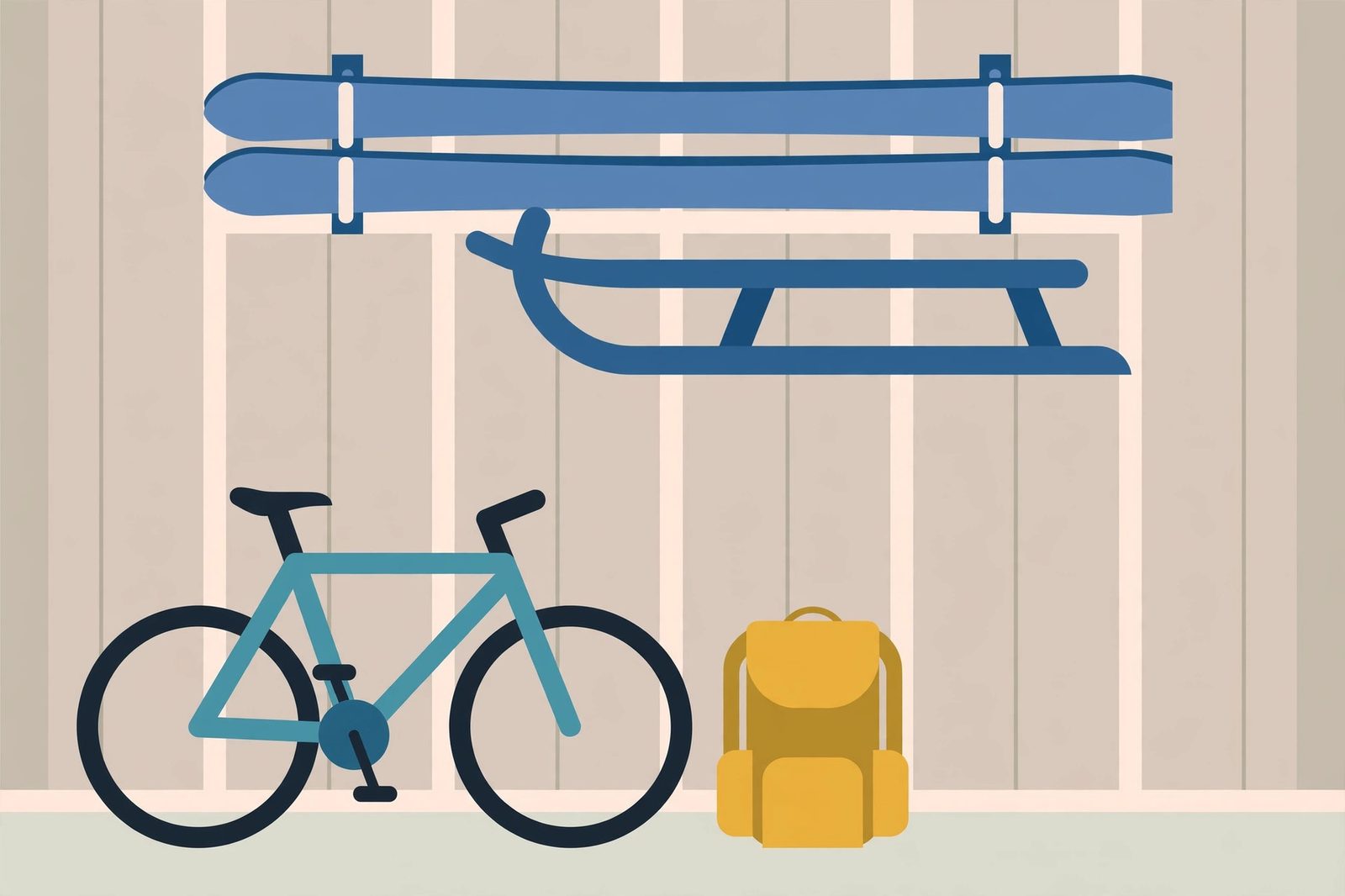 Flat illustration of skis and a sled on wall racks above a bicycle and backpack in a garage