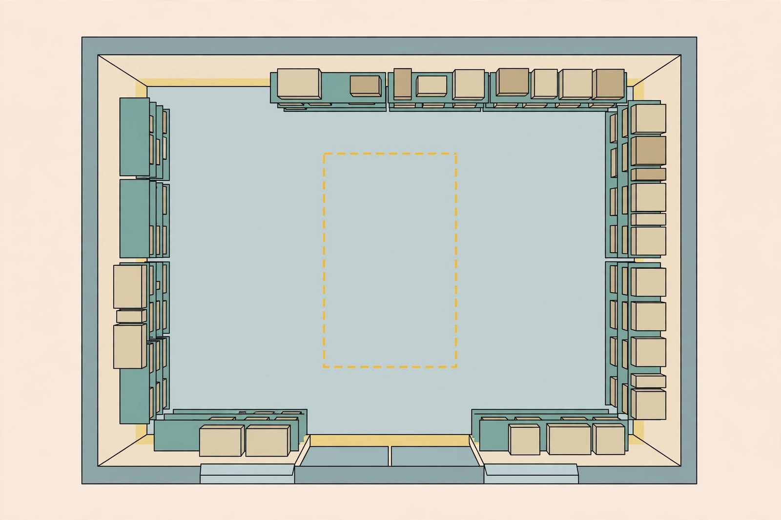 Overhead flat illustration of a garage floor plan with a dashed boundary marking the protected car zone