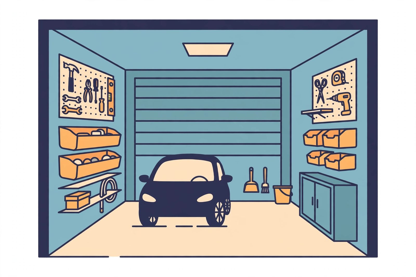 Flat illustration of a compact garage with a car parked center and storage mounted on the walls