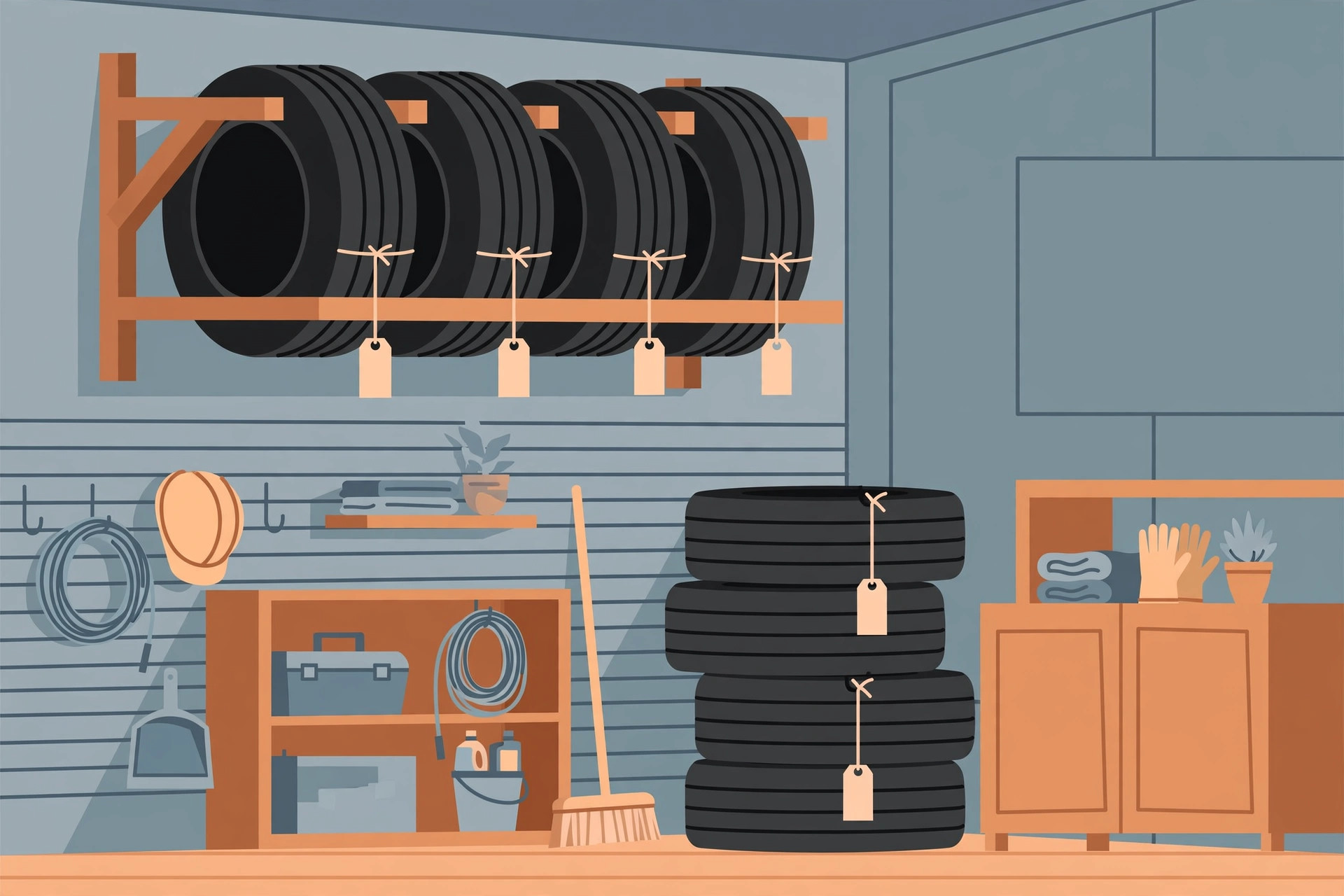 Flat illustration of tires on a wall rack above a stacked set of four tires with blank tags in a garage