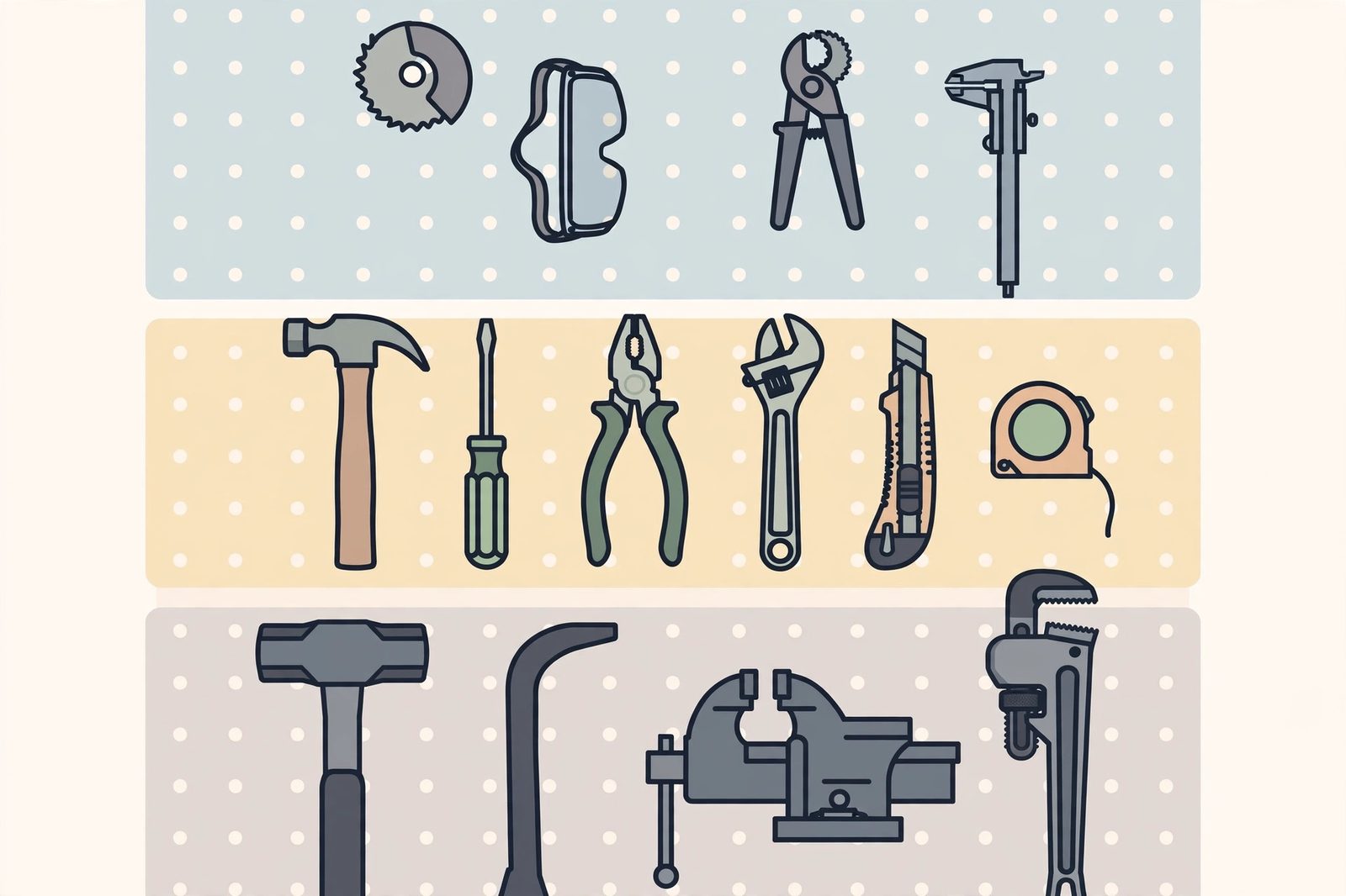 Flat illustration of pegboard tools arranged in three shaded reach zones from everyday to heavy