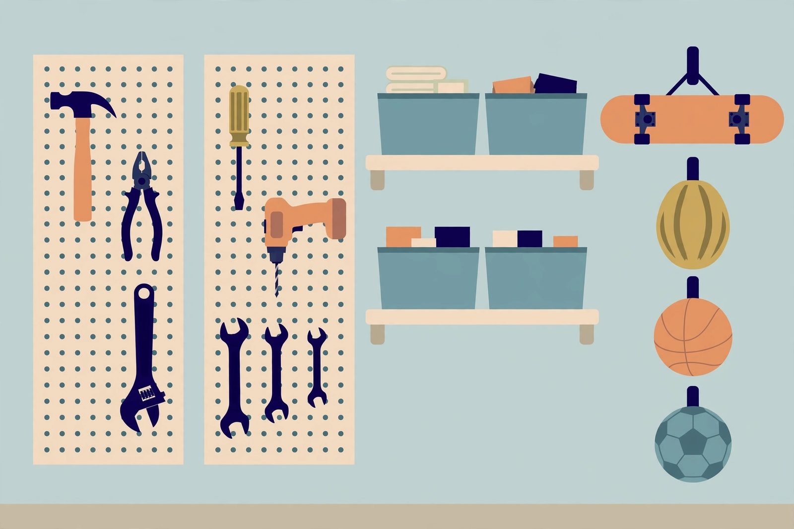 Flat illustration of pegboards, shelves, and wall hooks holding tools, bins, and sports gear off the floor