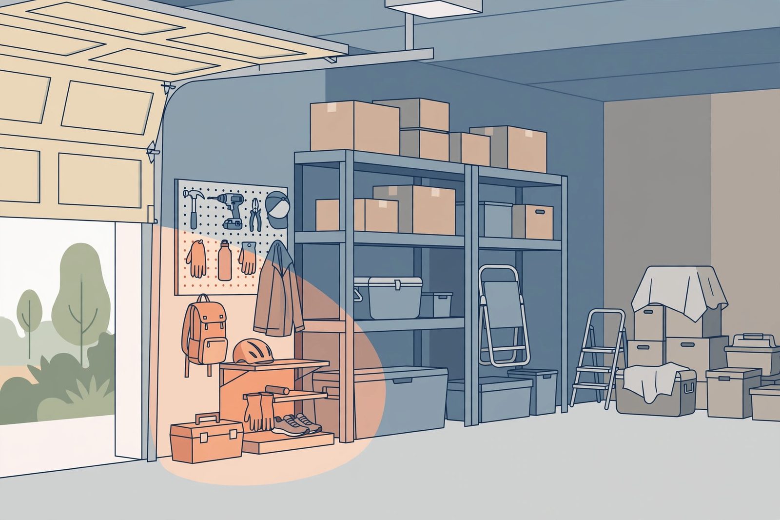 Flat illustration of a garage with everyday gear staged by the open door and seasonal boxes stored deeper inside