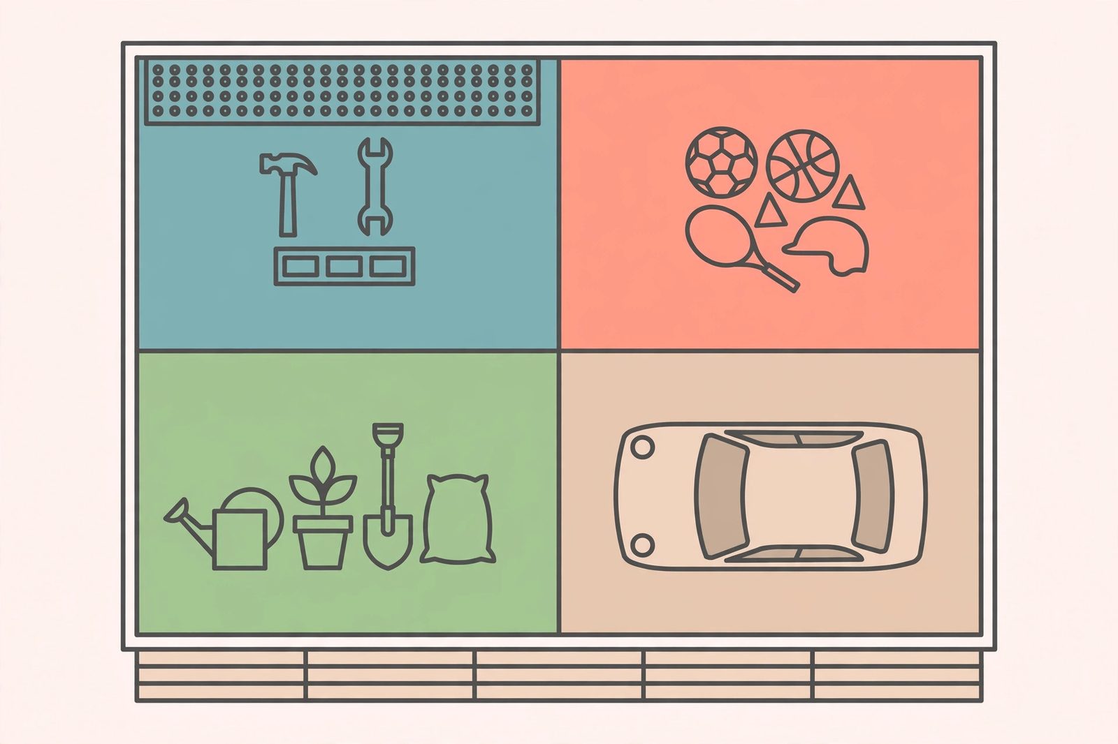 Flat illustration of a garage floor plan split into four color-coded zones for tools, sports, garden, and car